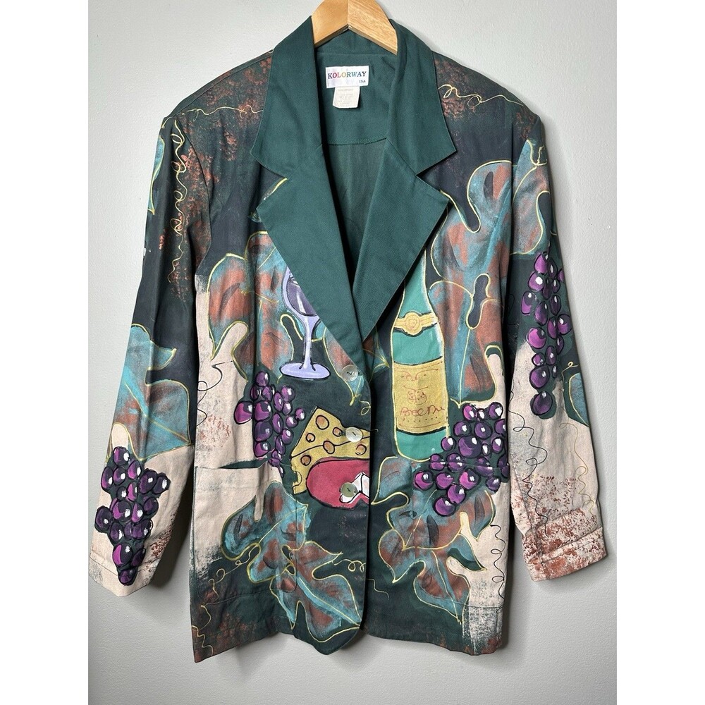 Vtg KOLORWAY Hand Painted 90's Wine Charcuterie Blazer Size L Whimsical Artsy